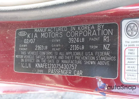 2007 Kia Spectra Ex z USA, uszkodzony, nr VIN KNAFE121075430757